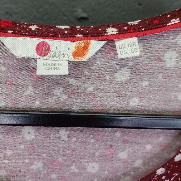 Boden Talia Dress Women Sz 6 Floral Ditsy Print Knit Pockets Burgundy 3/4 Sleeve - Picture 8 of 14